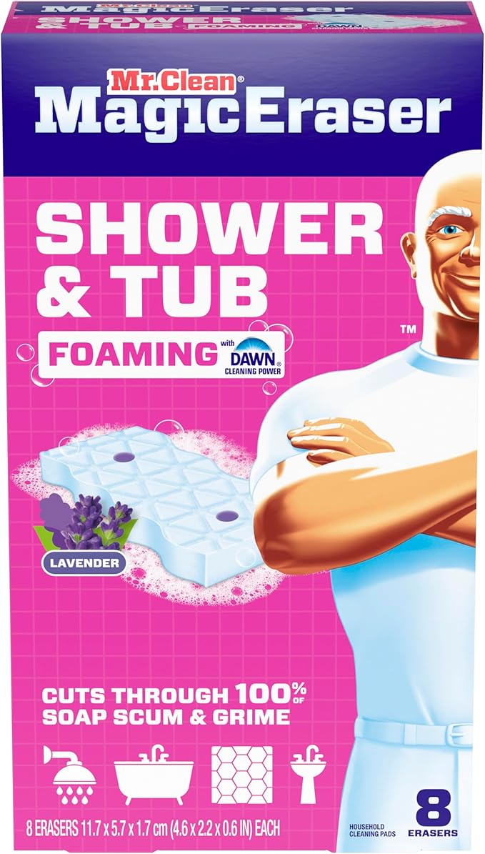 Mr. Clean Magic Eraser Sponge, Bathroom, Shower, Tub Cleaner, Soap Scum Remover, Bathroom Cleaning Supplies, Dawn Cleaning Power with Lavender Scent, Shower & Tub, 8ct