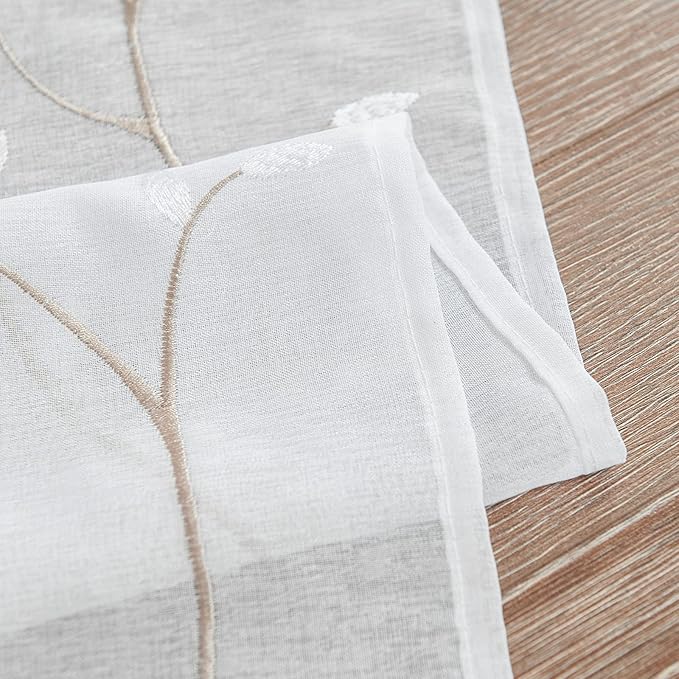 jinchan Sheer Door Curtain 40 Inches Floral Embroidered Semi-Sheer Embroidery Voile Floral French Door Curtain Light Filtering Drape Rod Pocket 1 Panel White