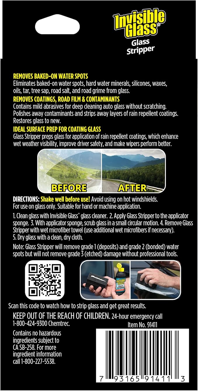Invisible Glass 91411 Glass Stripper – Hard Water Spot Remover – Strips Coatings, Waxes, Oils & Road Film – Preps Windshields for Rain Repellent & Ceramic Coating – 4 Fl Oz