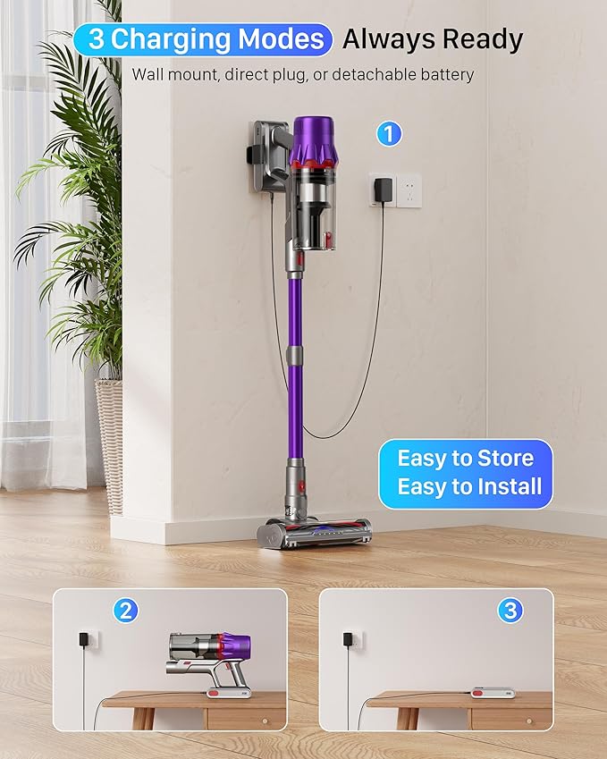 Cordless Vacuum Cleaner for Home - Powerful Stick Vacuum with HEPA Filter, 55-Min Runtime, LED Light, Anti-Tangle Brush, Detachable Battery,Lightweight Vacuum for Pet Hair,Carpets & Hard Floors