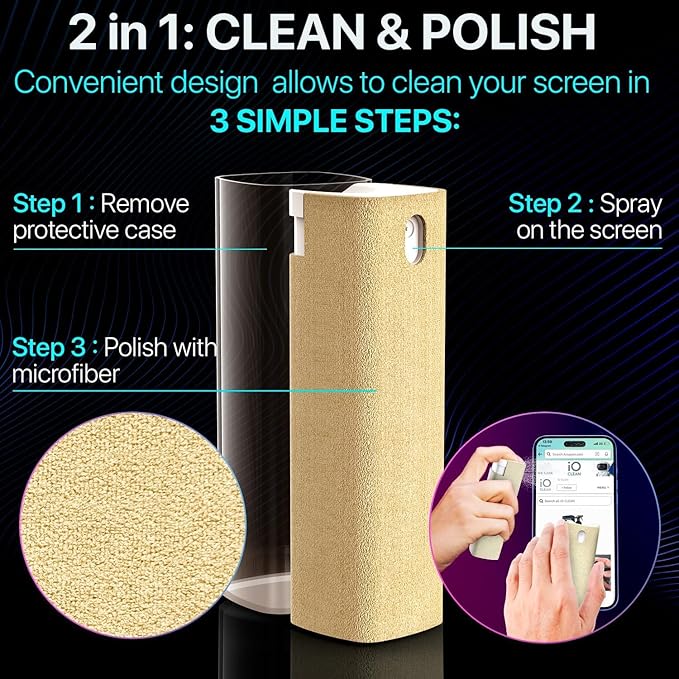 IO CLEAN Mini Screen Cleaner Spray – Finger Proof Screen Cleaner for Smartphones, iPads, MacBooks, Laptops, Car Screens, Touchscreens – 3in1 Mist Cleaner, Microfiber Cloth and Protective Cover (Pink)