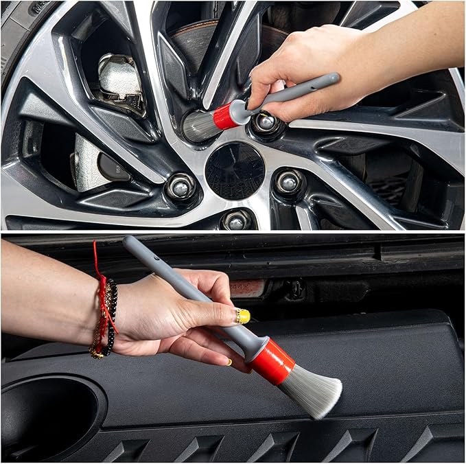 Detailing Brush Set - 5 Different Sizes Premium Natural Boar Hair Mixed Fiber Plastic Handle Automotive Detail Brushes for Cleaning Wheels, Engine, Interior, Air Vents, Car, Motorcy Grey