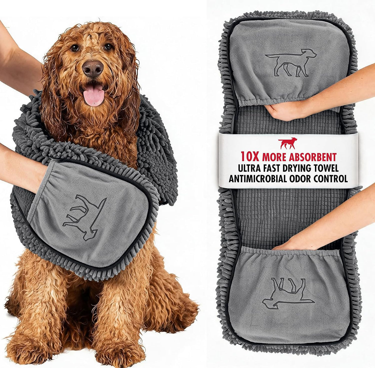Quick Dry Towel for Dogs | Ultra Absorbent Microfiber Shammy | Extra Large 35x15 Size Dog Bath Towel | Comfortable Hand Pockets | Indoor Outdoor Use | Durable Material | Machine Washable