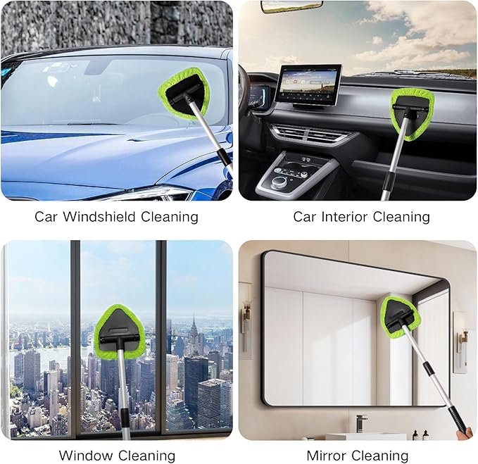 Qydipclin 11pcs Windshield Cleaner Tool, Car Window Cleaning Wash Kit with 6 Reusable Microfiber Pads 2 Spray Bottles and Extendable Handles Auto Glass Wiper Kit, Green