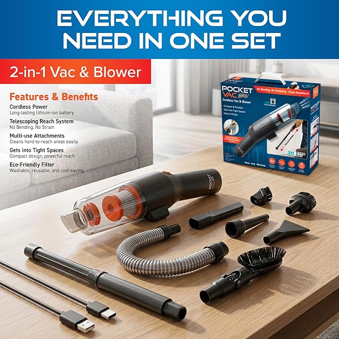 Pocket Vac Reach Handheld Vacuum w/ 3ft Extension Wand – Cordless 2-in-1 Blower & Portable Car Vacuum Cleaner, Mini Hand Vacuum for Furniture, Keyboard & Tight Spaces - w/ 8-Piece Attachment Kit
