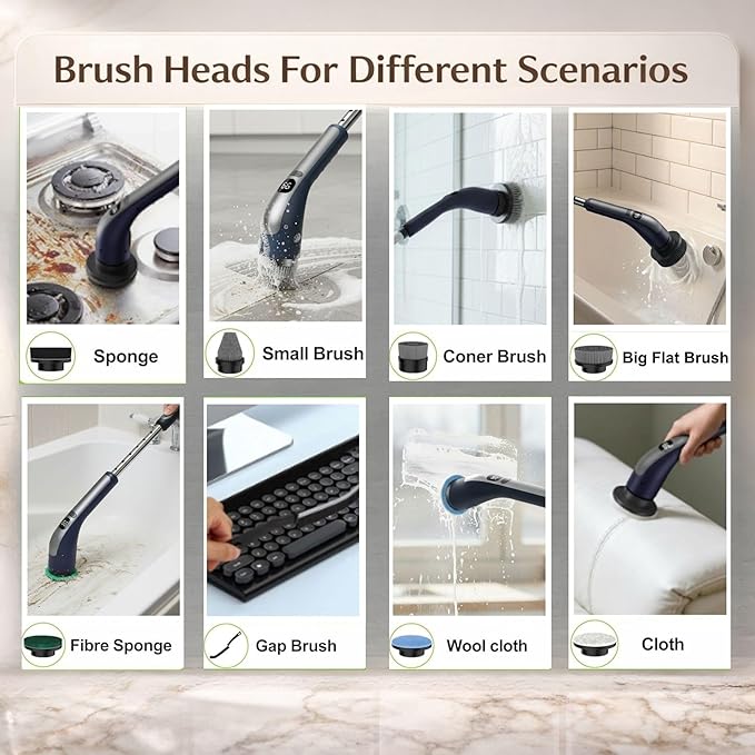 LIVINGPRO Electric Spin Scrubber for Bathroom Cleaning, Cordless Power Scrubber with 70W Dual Speed Motor, LCD Display, IPX7 Waterproof, Adjustable Handle, 7 Brush Heads for Tub Tile Shower Kitchen