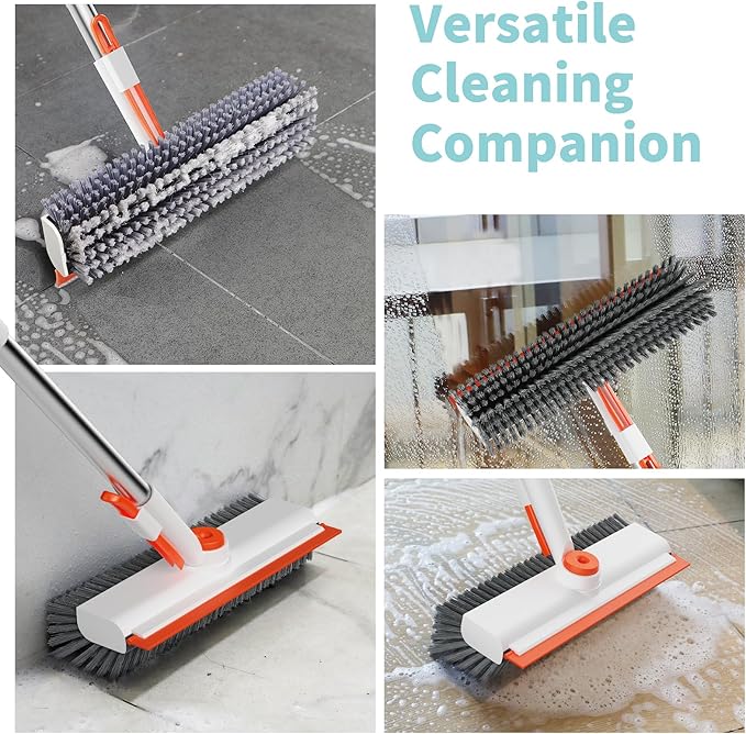 AIR U+ Floor Scrub Brush with Long Handle, 3 in 1 Scrape and Heavy-Duty Stiff Bristle Scrubber Brush for Cleaning Shower Bathroom, Patio, Pool, Garage, Kitchen, Wall and Deck, White and Orange