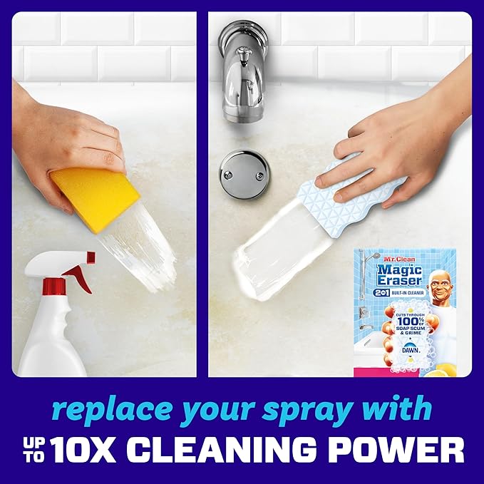 Mr. Clean Magic Eraser Sponge, Bathroom Cleaner, Shower Cleaner, Tub Cleaner, Soap Scum Remover, Bathroom Cleaning Supplies, Dawn Cleaning Power with Lemon Scent, 2 in 1 Bath, 7ct