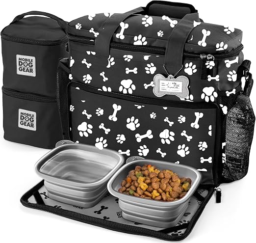 Week Away Dog Travel Bag (15"x7"x14", Paw Print) - Includes 2 Pet Food Storage Containers + 2 Collapsible Dog Water Bowl