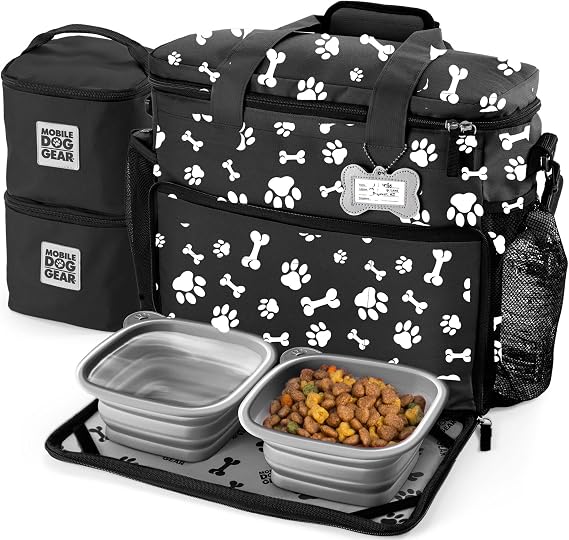 Week Away Dog Travel Bag (15"x7"x14", Paw Print) - Includes 2 Pet Food Storage Containers + 2 Collapsible Dog Water Bowl