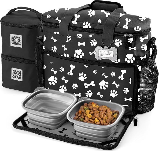 Week Away Dog Travel Bag (15"x7"x14", Paw Print) - Includes 2 Pet Food Storage Containers + 2 Collapsible Dog Water Bowl