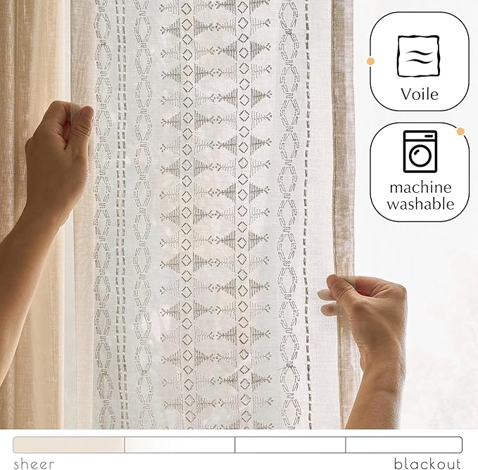 jinchan French Door Curtain Privacy Boho Embroidered Semi Sheer Voile Front Curtain for Window Doorway Closet, Door Panel with Tieback Rod Pocket 1 Panel (White on Beige, 55W x 40L Inch)