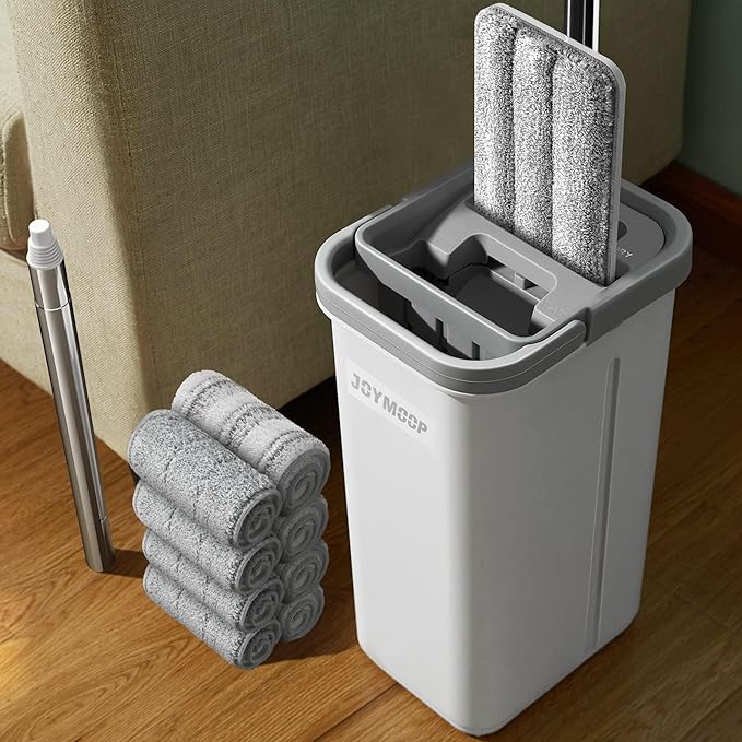 JOYMOOP Flat Mop and Bucket Set, White Microfiber Flat Mop System, Hands-Free Floor Cleaning Kit, 8 Washable Microfiber Pads, Wet and Dry Use, Commercial & Household Floor Cleaning Kit