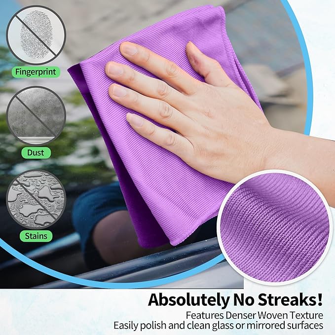 Microfiber Cleaning Cloth, 12 Pack Window Glasses Cleaning Cloth, Reusable Lint-Free Streak Free Polishing Cloth Wipes for Stainless Steel, Eyeglass, Mirror, Screen & Lense,12"*12" Purple
