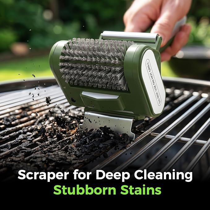 Electric Grill Brush - Heavy Duty Cordless BBQ Grill Cleaning Brush with High Torque, LED Light, Detachable Stainless Steel Head, Support Roller, for Outdoor Cast Iron & Stainless Steel Grates