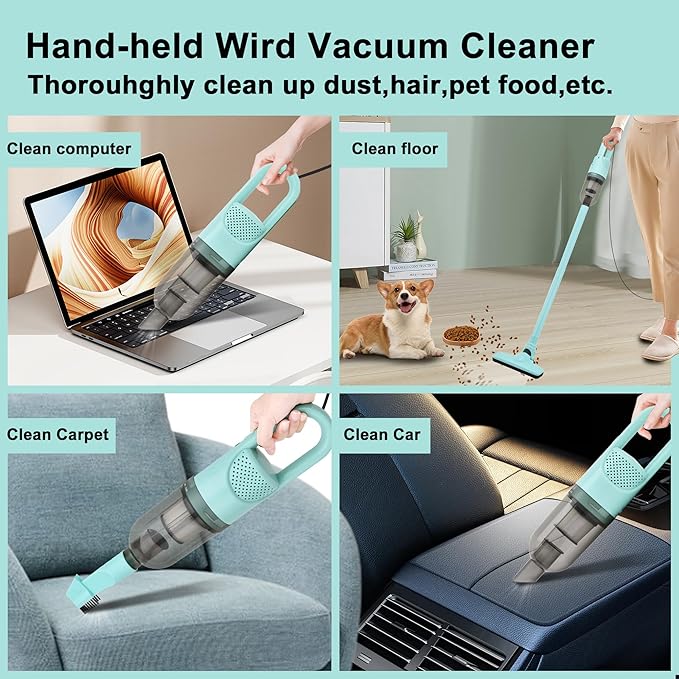 6-in-1 Lightweight Stick Vacuum Cleaner with 100W Powerful Motor, Mini Portable Household Handheld Vacuum Cleaner for Domestic Hard Floors, Carpets and Pet Hair(Light Green Corded)