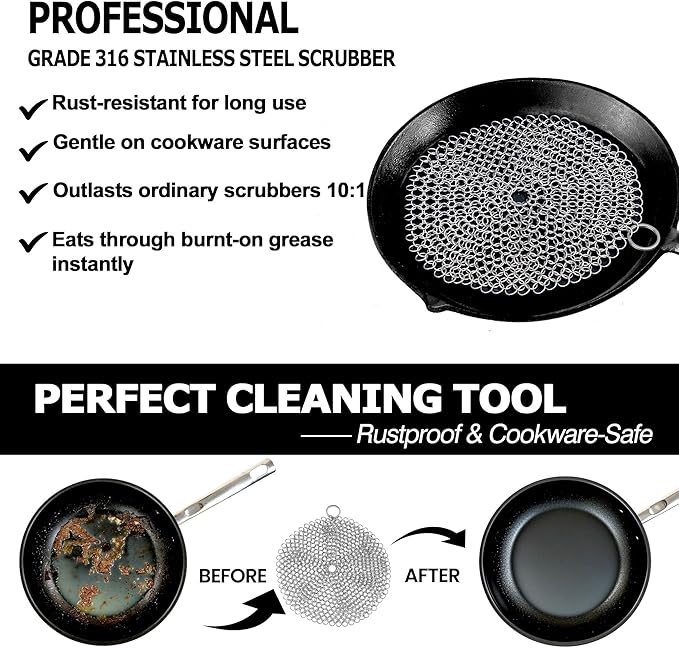 TOPULORS 316 Stainless Steel Cast Iron Skillet Cleaner Scraper Chain Link Chainmail Scrubber for Cast Iron Pans, Pre-Seasoned Pans, Griddle Pans, BBQ Grills, and More Pot Cookware-Round 7 in Diameter