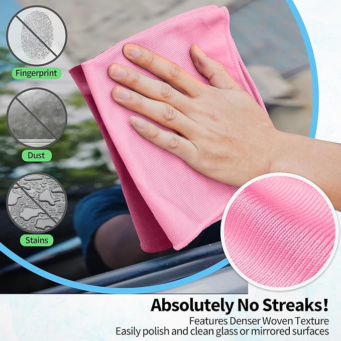 Microfiber Cleaning Cloth - 10 Pack Glasses Cleaning Cloth, 16" x 14" Window Cleaning Rags, Streak Free Lint Free Polishing Cloths Wipes for Eye Glass, Stainless Steel, Windshield, Pink