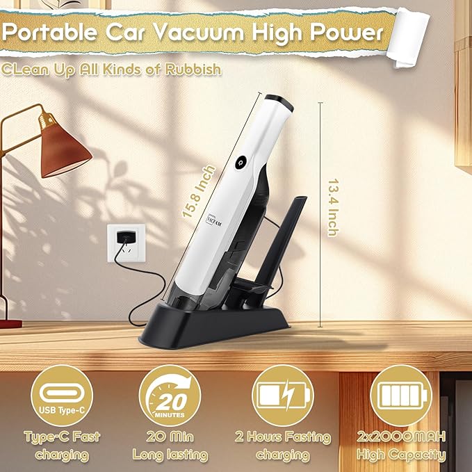 Handheld Vacuum Cordless,Dust Busters Cordless with Storage Dock,15KPA High Power Portable Vacuum Vordless,USB Quick Charge,Mini Vacuum with Multi-Nozzles & Washable Filter，White
