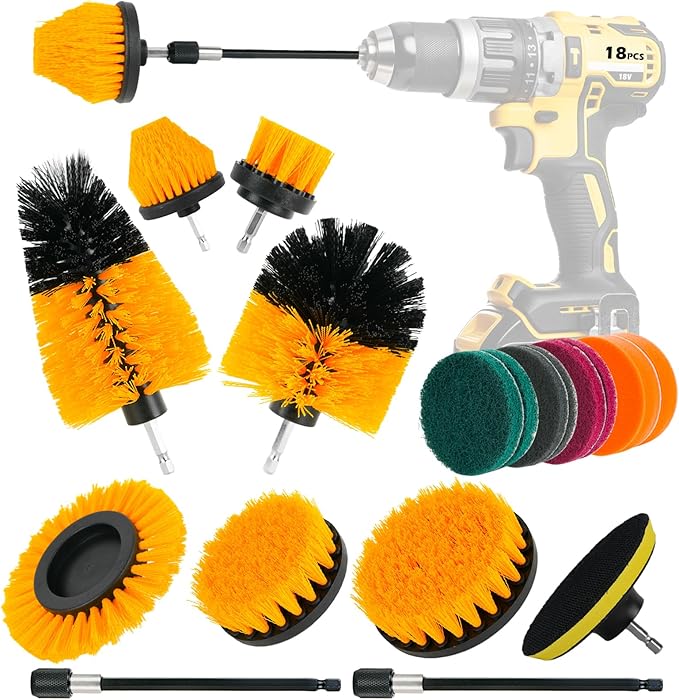 18PCS Drill Brush Attachments Set, Power Cleaning Scrub Brushes with Scrub Pads, Sponge, Extend Long Attachment, Cleaning Brush Supplies for Bathroom Bathtub, Grout, Tile, Sinks, Corners, Car Wheel