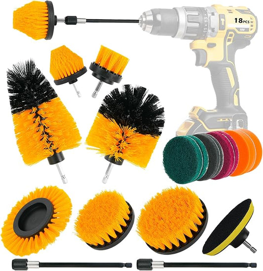 18PCS Drill Brush Attachments Set, Power Cleaning Scrub Brushes with Scrub Pads, Sponge, Extend Long Attachment, Cleaning Brush Supplies for Bathroom Bathtub, Grout, Tile, Sinks, Corners, Car Wheel