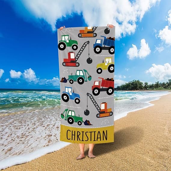 Personalized Beach Towel for Kids - Quick Dry Construction Car Towel for Boy with Custom Name - Perfect for The Beach or