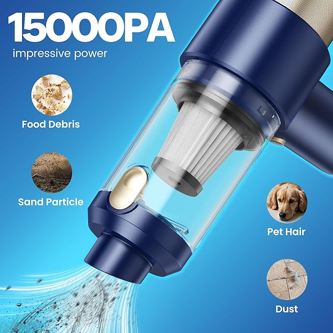 Car Vacuum Handheld Vacuum Cleaner, 15000PA Suction, Mini Vacuums with Air Duster and Blower, Portable Hand Held Vacuum for Car, House, Crumbs, Hair (Blue)