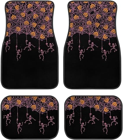 Pink Spider Web Skeleton Black Print Funny Halloween Car Floor Mats 4 PCS, Cute Durable Interior Accessories for Car SUV