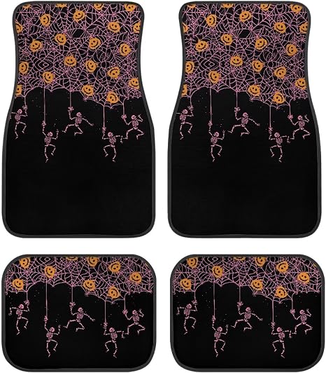 Pink Spider Web Skeleton Black Print Funny Halloween Car Floor Mats 4 PCS, Cute Durable Interior Accessories for Car SUV