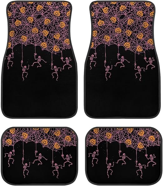Pink Spider Web Skeleton Black Print Funny Halloween Car Floor Mats 4 PCS, Cute Durable Interior Accessories for Car SUV