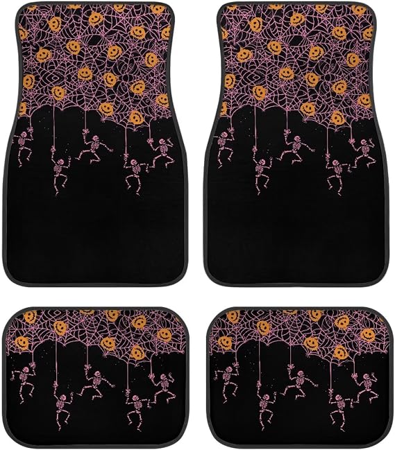 Pink Spider Web Skeleton Black Print Funny Halloween Car Floor Mats 4 PCS, Cute Durable Interior Accessories for Car SUV