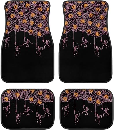 Pink Spider Web Skeleton Black Print Funny Halloween Car Floor Mats 4 PCS, Cute Durable Interior Accessories for Car SUV