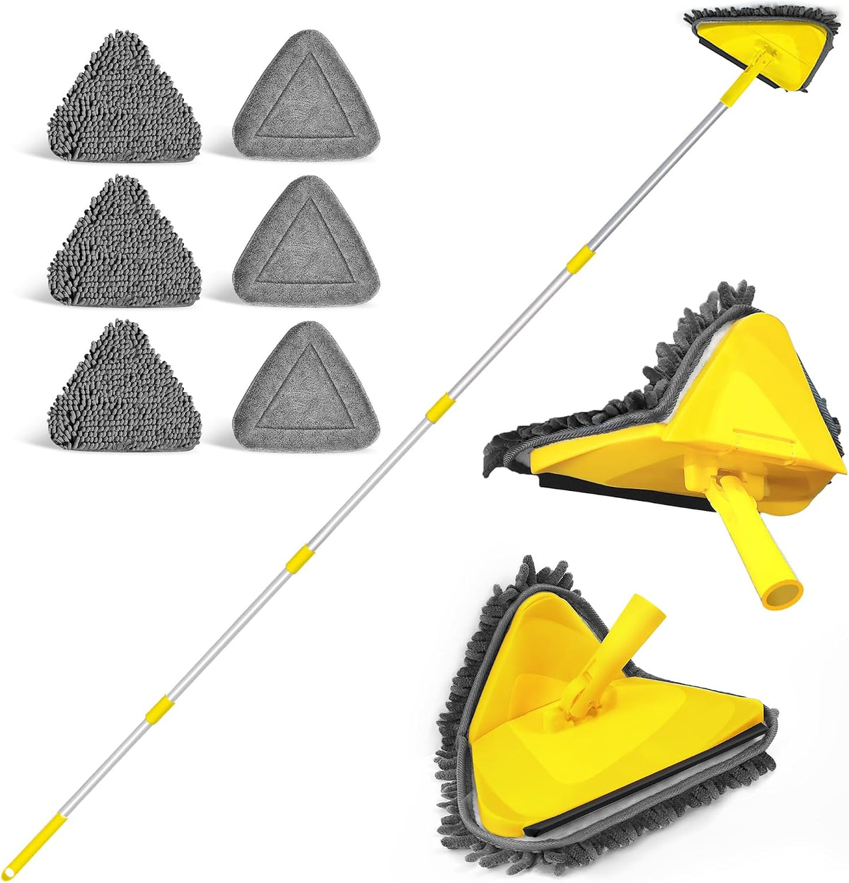 Wall Mop with Long Handle 80 Inches, Upgraded 180° Collapsible Baseboard Cleaner Tool with Squeegee, Ceiling Duster with 3 Microfiber and 3 Chenille Pads for Cleaning Window, Cabinet (Yellow)
