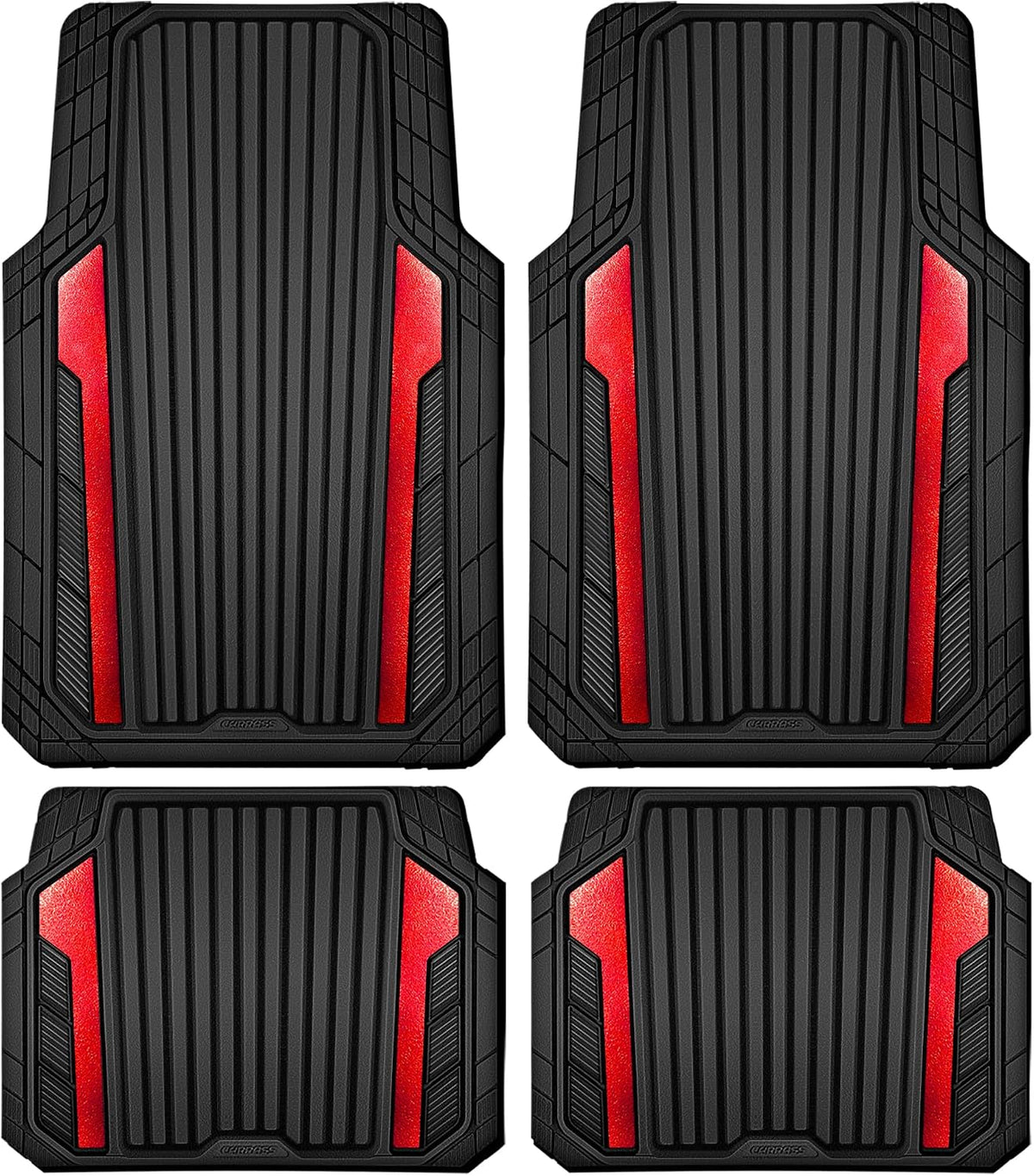 Heavy Duty Rubber Car Mats Metallic, Aluminum Film All Weather Floor Mats Waterproof Universal Trim to Fit Automotive SUV Sedan Van 4 Piece Anodized Deep Dish Two-Tone Sporty Black Red Chrome
