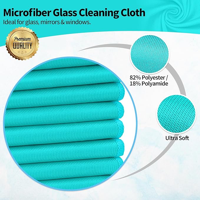 Microfiber Cleaning Cloth - 10 Pack Glasses Cleaning Cloth, 16" x 14" Window Cleaning Rags, Streak Free Lint Free Polishing Cloths Wipes for Eye Glass, Stainless Steel, Windshield, Turquoise