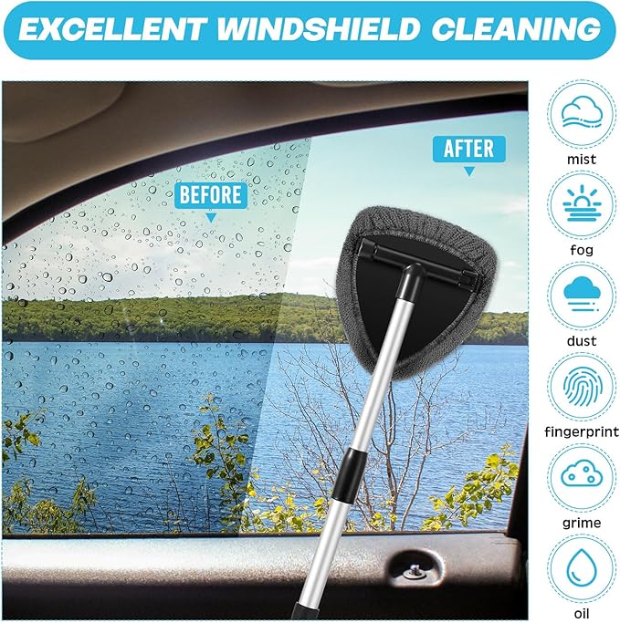 Potchen 8 Pcs Car Windshield Cleaner Tool Kit with Extendable Handle, Microfiber Towel Pads, Brush, Empty Spray Bottle for Auto Glass Wiper Suvs Rvs & Home Windows(Grey)