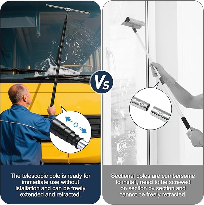 12-51’’ Telescopic Window Squeegee for High Windows, 2-in-1 Window Cleaning Kit with Extra Silicone Blade & Hook, Professional Squeegee for Shower Glass Doors (Window Squeegee for Home)