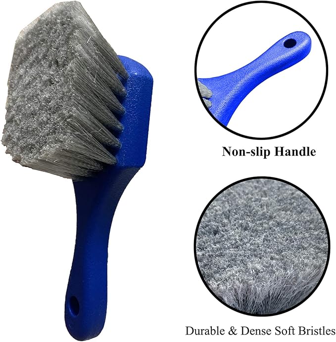 Wheel & Tire Brush for Car Rim, Soft Bristle Car Wash Brush, Cleans Tires & Releases Dirt and Road Grime, Short Handle for Easy Scrubbing Blue