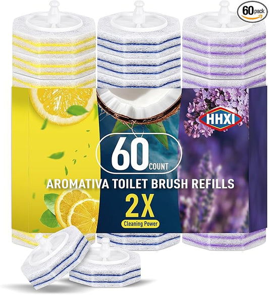 60Ct Aromative Toilet Brush Refills, Toilet Bowl Cleaner Refills, Double-Layer Cleaning Pads Added, Disposable Refill Heads for Toilet Bowl Cleaner Wands, Bulk （Patented）