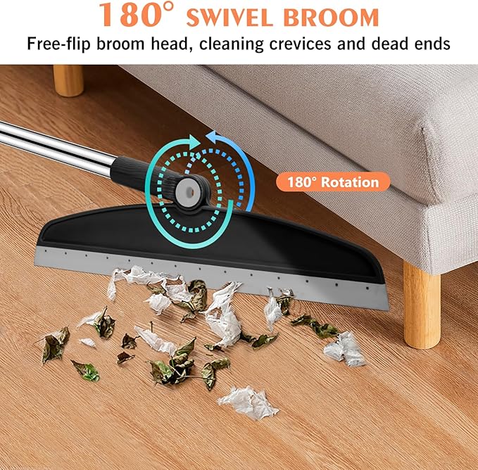 Multifunction Silicone Broom, 54 Inch Long Handle Silicone Floor Squeegee Broom, Sweep and Scrape 2 in 1 Household Cleaning Broom for Floor, Bathrooms, Kitchens, Showers, Tile, Pet Hair, Black Grey