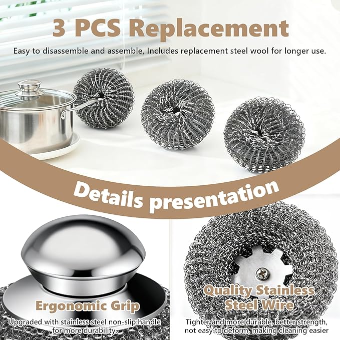 Steel Wool Scrubber, 4-Pack Stainless Steel Scrubber Pads with Handle - The Ultimate Scouring Solution for Rust, Stubborn Messes on Cookware, Grill, Oven & Kitchen Sinks