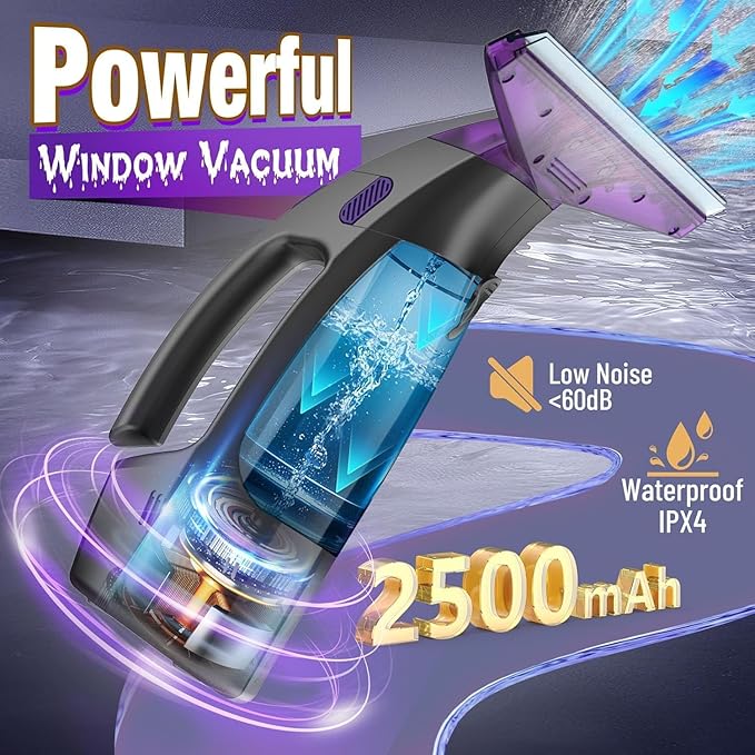 Window Vacuum Squeegee Cordless, 2000Pa Electric Window Cleaner with Power Blade, Vacuum Squeegee for Window Cleaning, Streak-Free Window Vacuum with 360ml Spray Bottle for Windows, Mirrors, Tiles