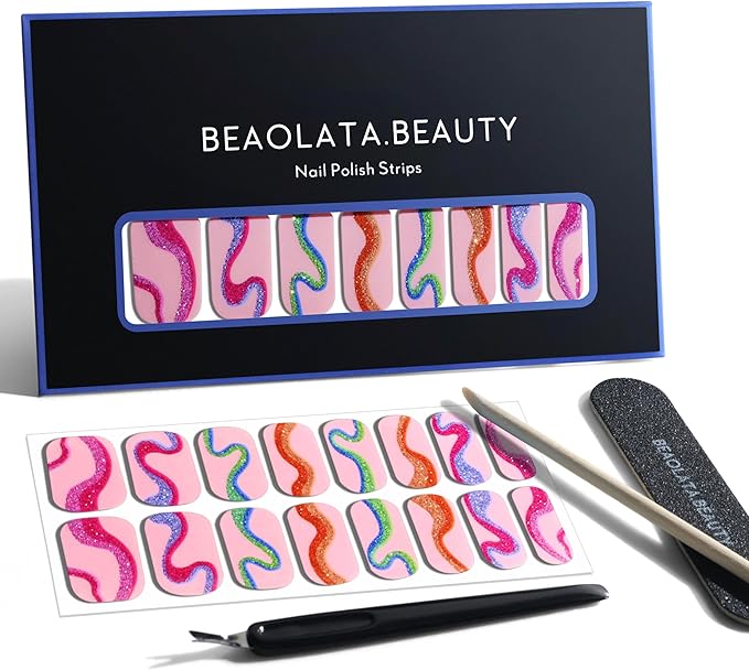 Nail Polish Strips, 32PCS Salon Quality Wraps, Long Lasting Gel Nail Stickers for Women Easy Apply& Remove (Modern Geometric Pink)