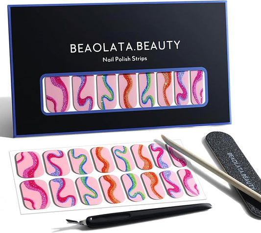 Nail Polish Strips, 32PCS Salon Quality Wraps, Long Lasting Gel Nail Stickers for Women Easy Apply& Remove (Modern Geometric Pink)