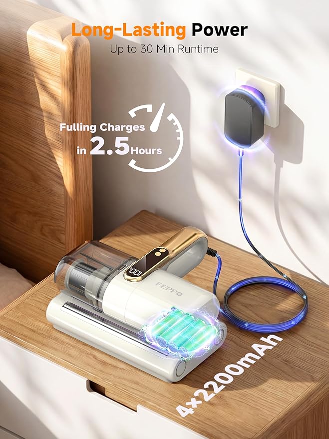 FEPPO Cordless Mattress Vacuum Cleaner, 18Kpa Bed Vacuum with 253.7nm UV-C Light, Ultrasonic, Dust Sensor & LED Display, 52800 BPM Handheld Vacuums for Bed, Sofa, Couch, Crib