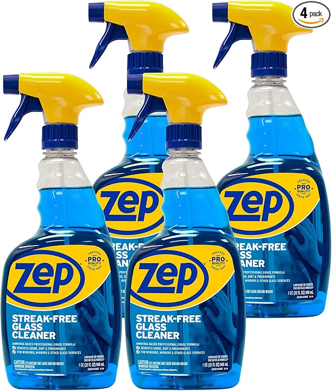 Zep Streak-Free Glass Cleaner - 32 Oz (Case of 4) ZU112032- Professional Grade Formula that Cleans Dirt, Fingerprints, Grime, Smoke Haze, and Toothpaste on Windows, Mirrors, and Other Glass Surfaces