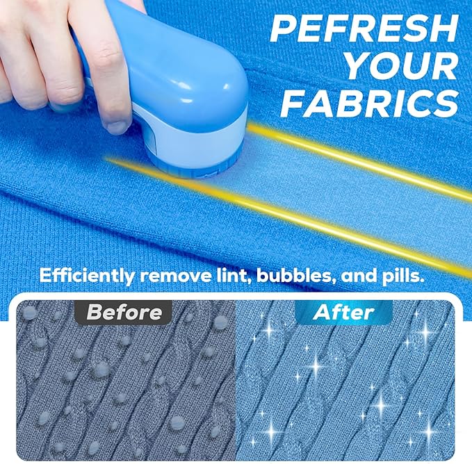 Fabric Shaver Lint Remover, AW union USB Powered Lint Shaver Efficiently Remove Lints from Fabrics, Clothes, Upholstery - 70" Cord - 2 Replacement Blade - Blue