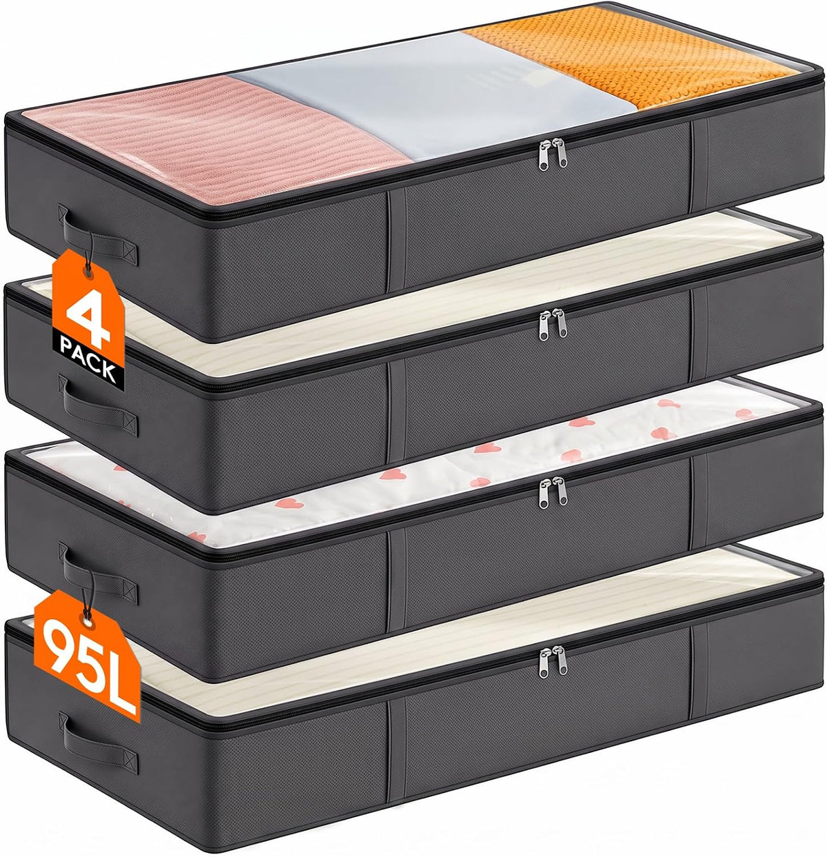 95L 4 Pack Under Bed Storage Container, Blanket Organizer, Gray