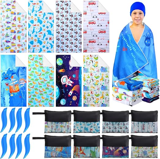Tingjoo 24 Pcs Kids Microfiber Beach Towel Set 8 Beach Towels Bulk with 8 Storage Bags 8 Beach Ties 30" x 60" Unicorn Me