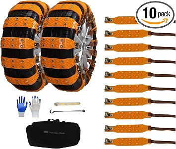 10pcs Universal Car Snow Chains with Storage Bag and Tools, Tires 165-265mm for Car Truck SUV, Non-Slip Adjustable Winte